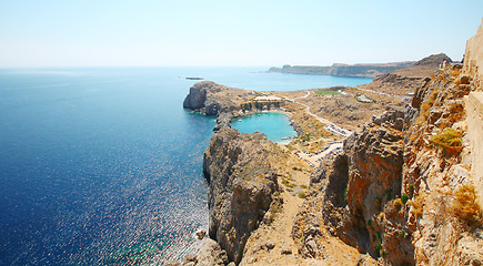 Image showing Aerial view on St. Paul's bay in Lindos (Rhodes island) 