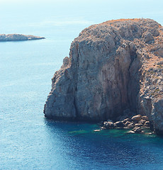 Image showing View from Acropolis of Lindos: mountain at the sea (Rhodes islan