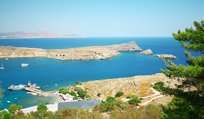 Image showing Panarama view from Acropolis of Lindos, Rhodes island, Greece