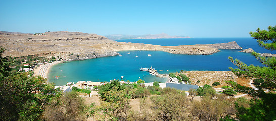 Image showing Panorama view at Lindou Bay from Lindos Rhodes island, Greece 
