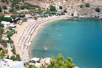 Image showing View from above of the main beach in Lindos, Rhodes, one of the 