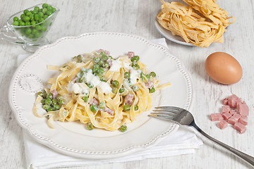 Image showing noodles with cream and ham