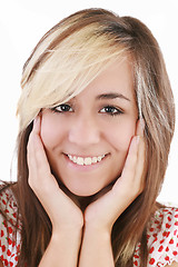 Image showing Beautiful girl smiling - isolated over a white background 