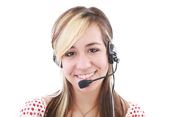 Image showing Beautiful business woman with headset. Call center. Customer sup