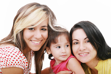 Image showing Happy portrait of beautiful young mother with two daughter looki