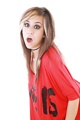 Image showing Shocked trendy teenage girl posing mouth open 