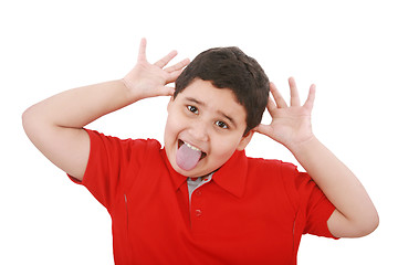 Image showing Horizontal portrait of a young boy's silly face 