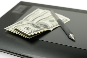 Image showing Graphic tablet with pen and money