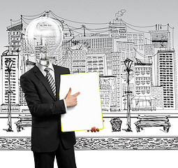 Image showing lamp head businessman with empty write board