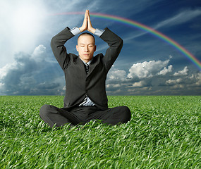 Image showing businessman in lotus pose in green grass