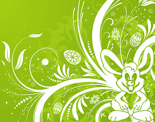 Image showing Easter background with eggs, rabbit and flower