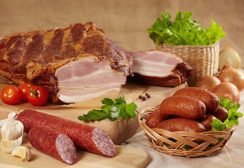 Image showing smoked sausages and meat