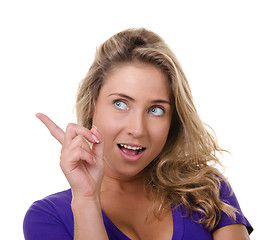 Image showing blonde young woman makes a gesture  pointing