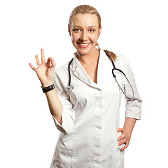 Image showing young doctor woman shows ok