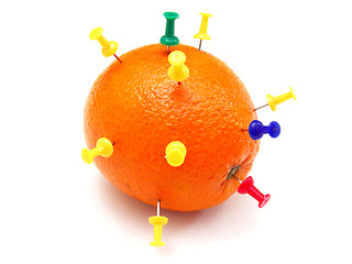 Image showing Isolated colourful office pins thrust in an orange