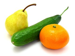 Image showing  cucumber with a tangerine and a pear 