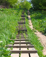 Image showing The wooden ladder is located a hill slope