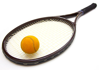 Image showing A tennis ball and racket on a white background