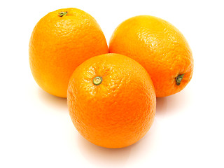 Image showing Three ripe oranges lie nearby on a white background