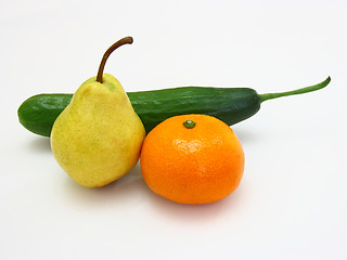 Image showing  cucumber with a tangerine and a pear 