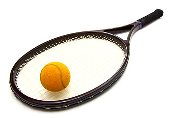 Image showing A tennis ball and racket on a white background