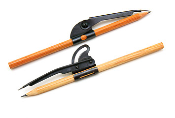 Image showing Two pencils and compasses on a white background