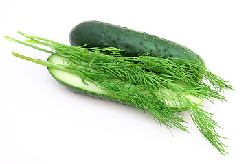 Image showing a cucumber with the cut half lying on a dill