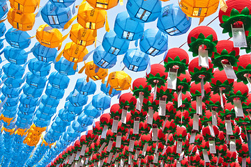 Image showing Colorful paper lanterns in buddhist temple