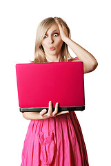 Image showing blonde in pink dress with laptop