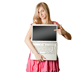 Image showing femaile in pink with open laptop