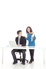 Image showing girl and boy smiling while at work