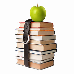 Image showing books pile with belt and apple