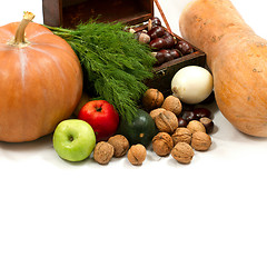 Image showing chest with walnuts and pumpkin