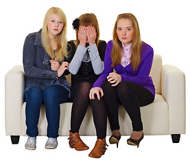 Image showing Three girls look a horror movie