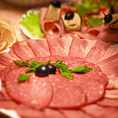 Image showing Sliced â€‹â€‹sausage on a plate