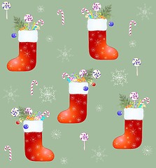 Image showing Seamless background. Red Santa's boot with gifts.