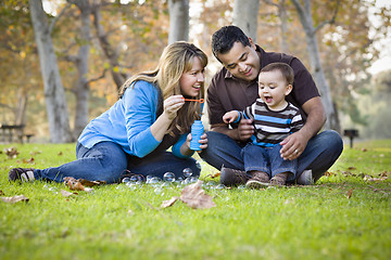 Image showing Happy Mixed Race Ethnic Family Playing with Bubbles In The Park