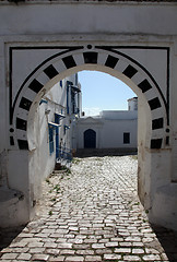 Image showing Sidi Bou Said - typical building with white walls, blue doors and windows