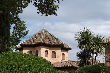 Image showing Roof of Alhambra palace seen from Alhambra gardens