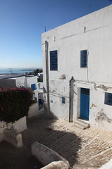 Image showing Sidi Bou Said - typical building with white walls, blue doors and windows