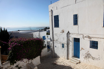 Image showing Sidi Bou Said - typical building with white walls, blue doors and windows