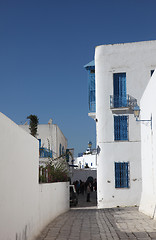 Image showing Sidi Bou Said - typical building with white walls, blue doors and windows