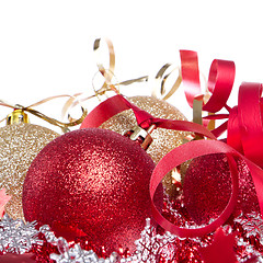 Image showing christmas balls with ribbon and tinsel