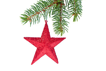 Image showing red christmas star hanging from tree