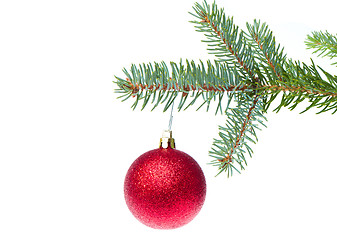 Image showing red christmas ball hanging from tree