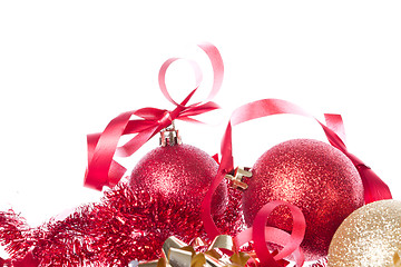 Image showing christmas balls with ribbon and tinsel