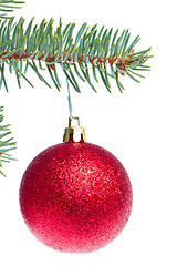 Image showing red christmas ball hanging from tree