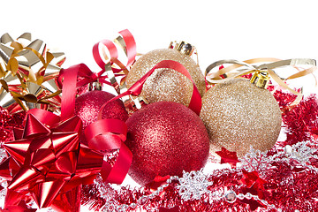 Image showing christmas balls with ribbon and tinsel