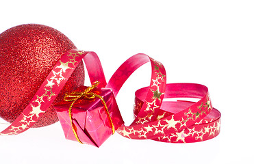 Image showing red christmas ball with ribbon