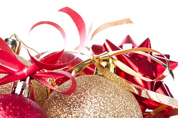 Image showing christmas balls with ribbon and tinsel